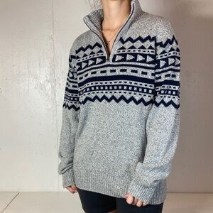 Gray + Navy Knit Fair Isle Nordic Quarter Zip Pullover Sweater